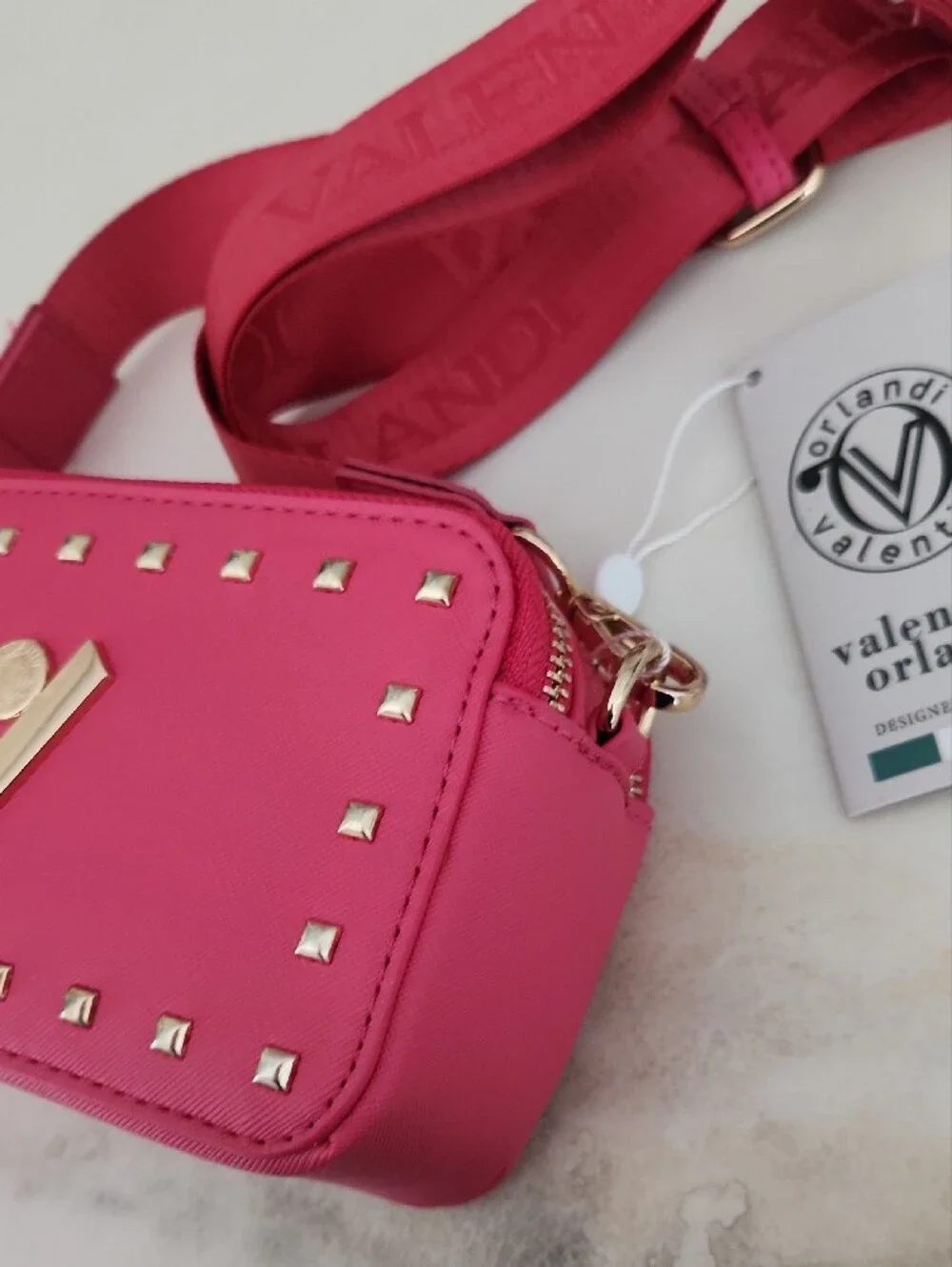 Valentino Pink Studded Crossbody Camera Bag with Branded Strap